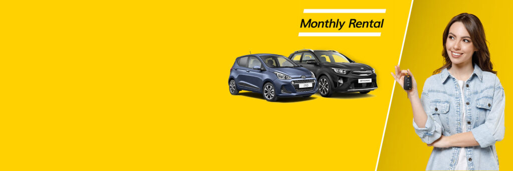 Monthly car rental advertisement with cars and a woman holding keys